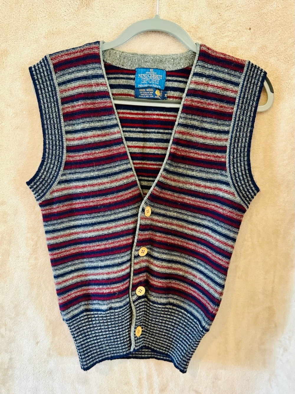 Vintage Nino Cerruti Sport Wool Sweater Vest Striped Button Front M